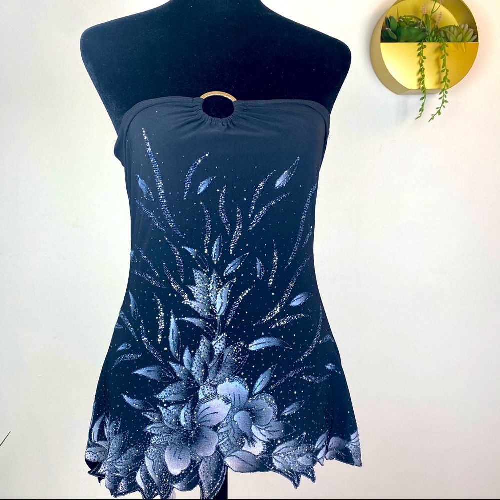 Y2K DEMORE BLACK SILVER GLITTER FLOWER TUBE TOP